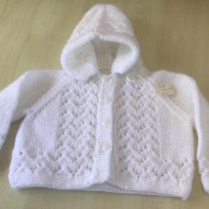 White Acrylic Knitted Baby Hooded Jacket Size: Approx 3 months
