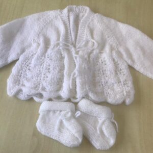 White Acrylic Knitted Baby Jacket & Booties Newborn Set