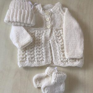 100% Merino - Natural Coloured Baby Jacket, hat and Booties set - fits Prem Babies